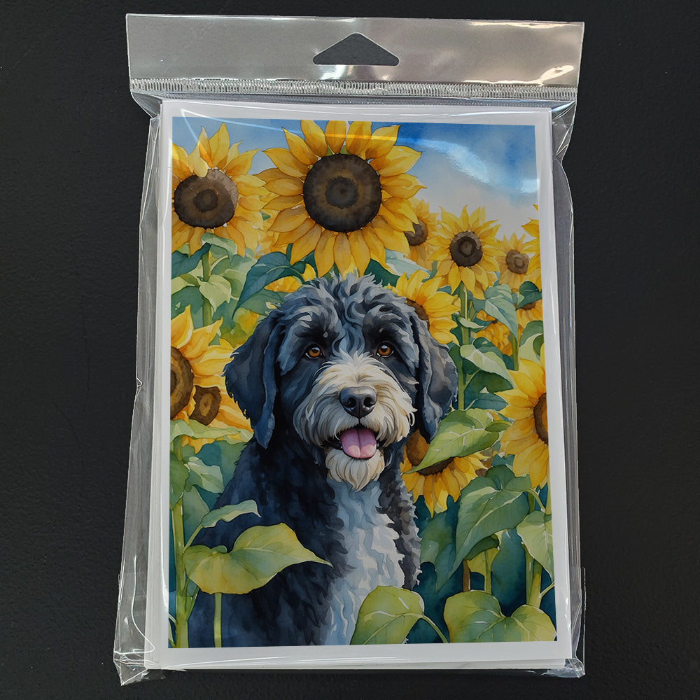 Glamorous Pups : Portuguese Water Dog in Sunflowers Greeting Cards Pack of 8