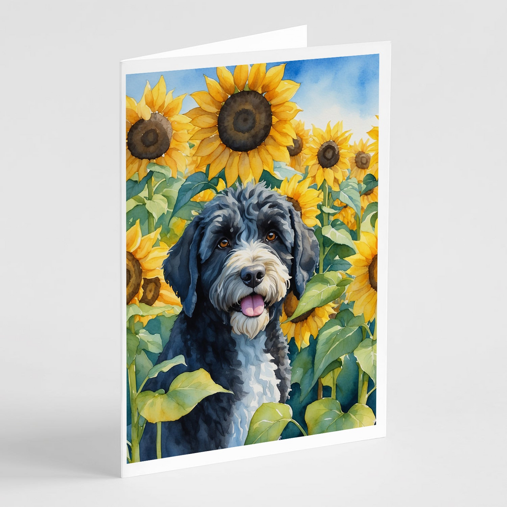 Glamorous Pups : Portuguese Water Dog in Sunflowers Greeting Cards Pack of 8