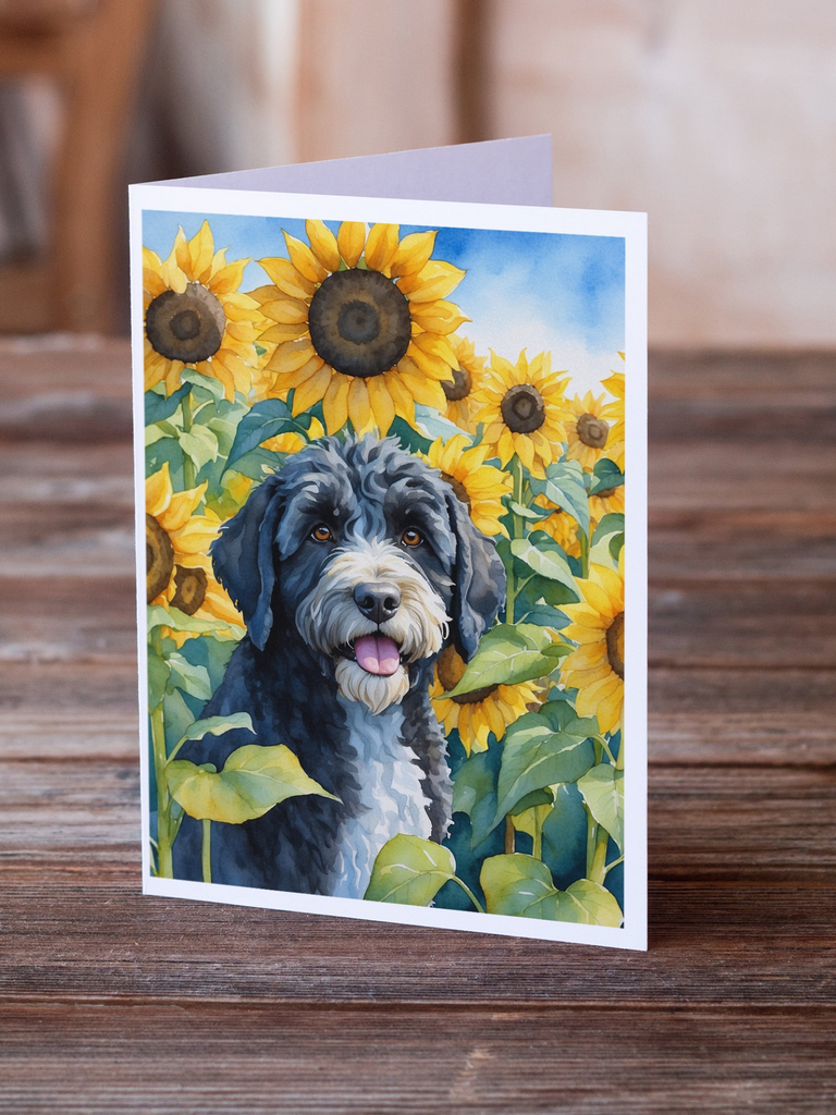 Glamorous Pups : Portuguese Water Dog in Sunflowers Greeting Cards Pack of 8