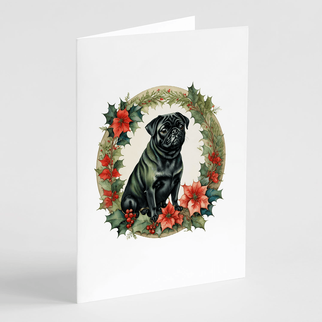 Glamorous Pups : Pug Christmas Flowers Greeting Cards Pack of 8