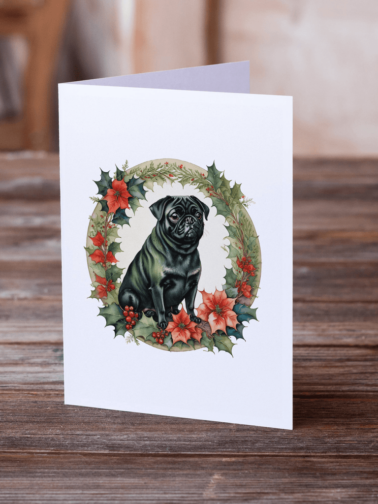 Glamorous Pups : Pug Christmas Flowers Greeting Cards Pack of 8