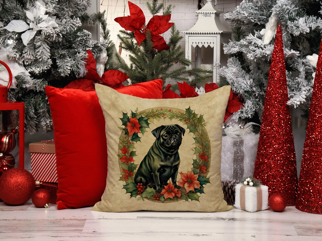 Glamorous Pups : Pug Christmas Flowers Throw Pillow