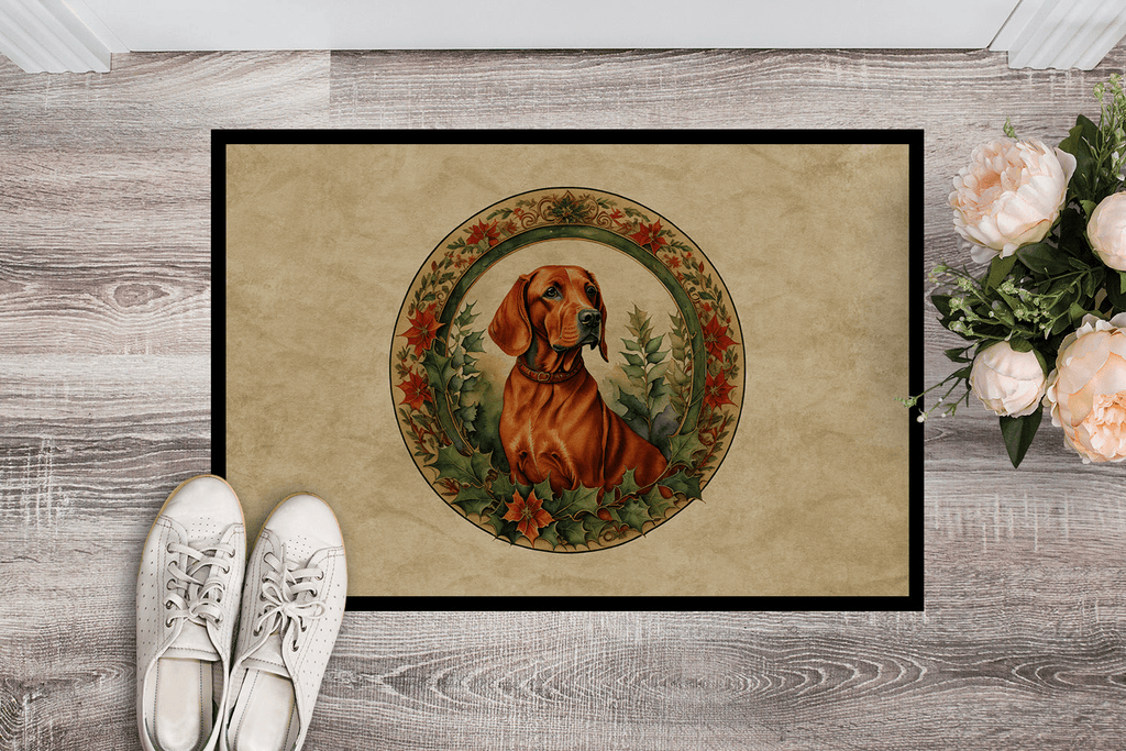 Glamorous Pups : Red Redbone Coonhound Christmas Flowers Doormat