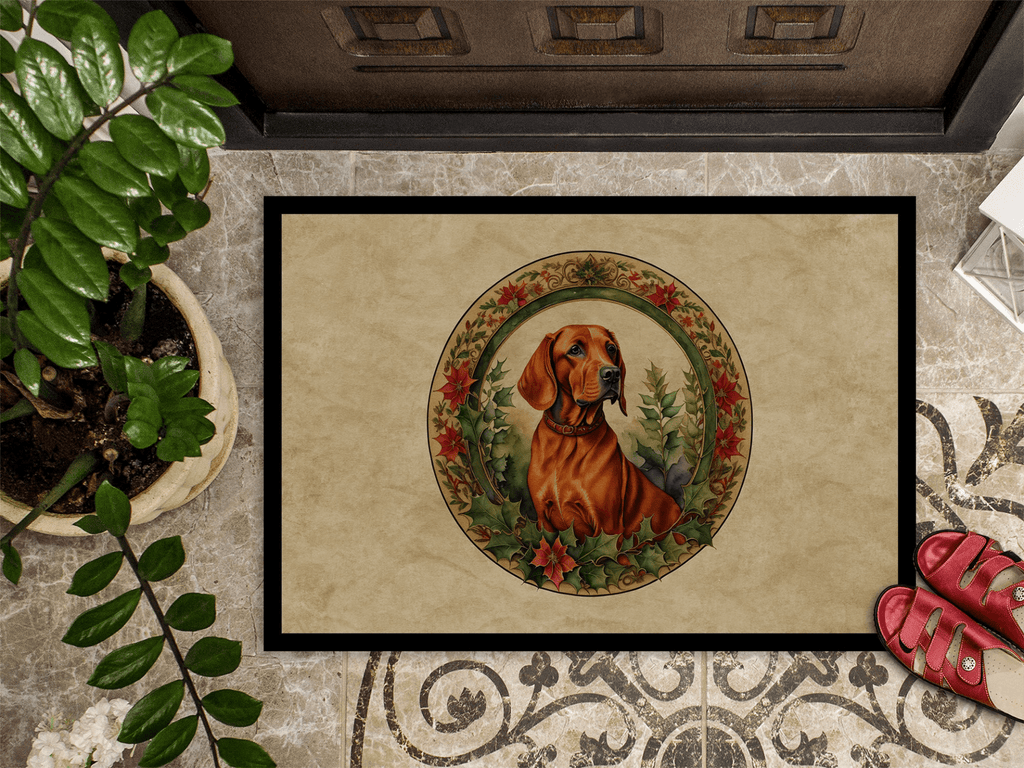 Glamorous Pups : Red Redbone Coonhound Christmas Flowers Doormat