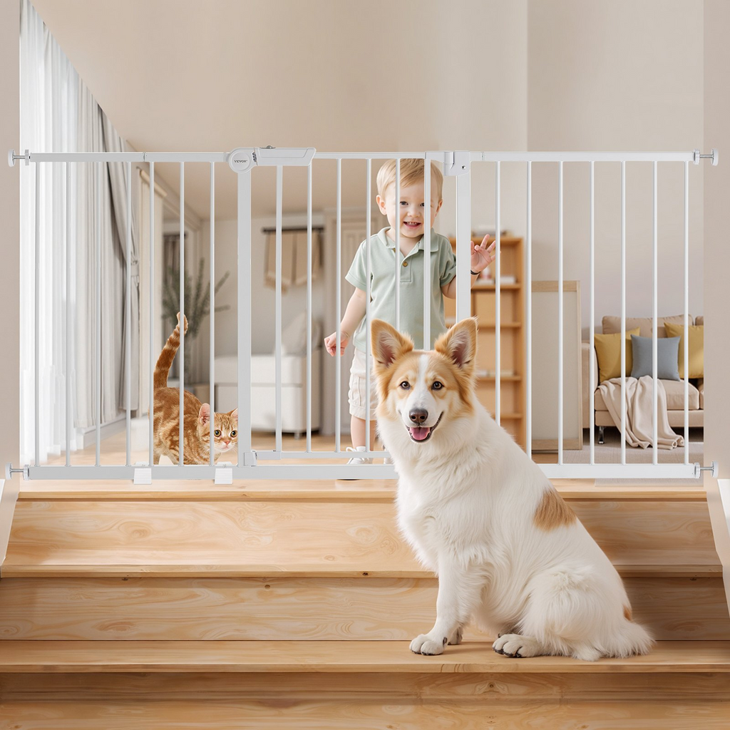 Vevor Dog Training & Behavior: SafeStep Adjustable Baby & Pet Gate – 60.6–63.3" Wide Pressure-Mounted Walk-Through Barrier (White)