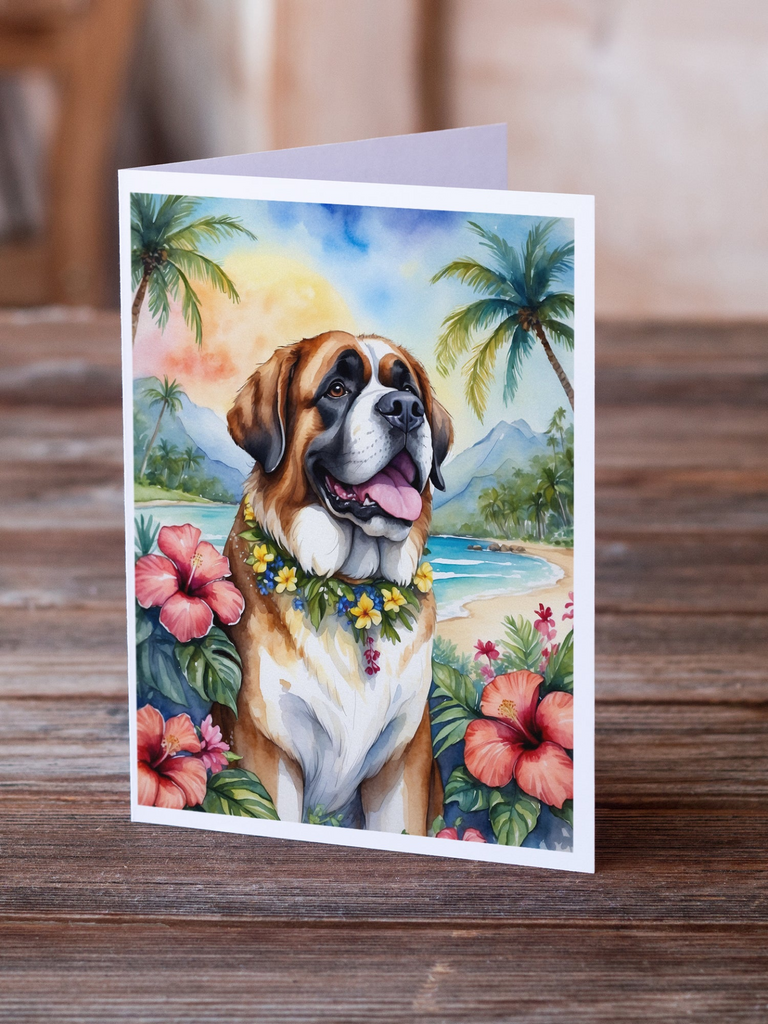 Glamorous Pups : Saint Bernard Luau Greeting Cards Pack of 8
