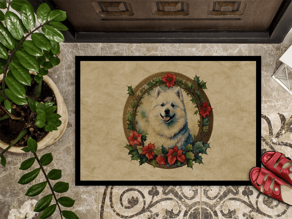 Glamorous Pups : Samoyed Christmas Flowers Doormat