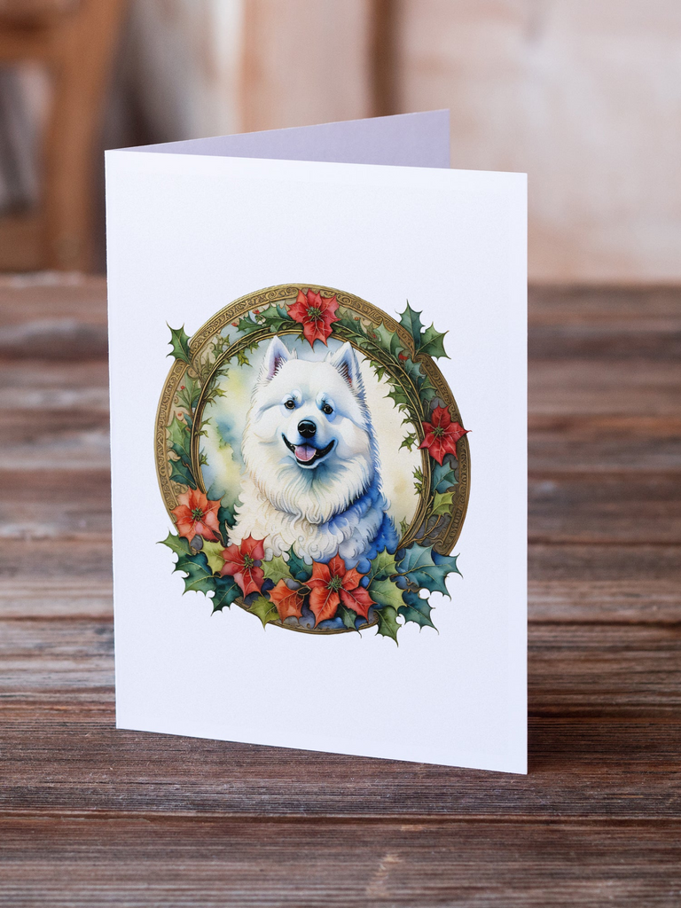 Glamorous Pups : Samoyed Christmas Flowers Greeting Cards Pack of 8