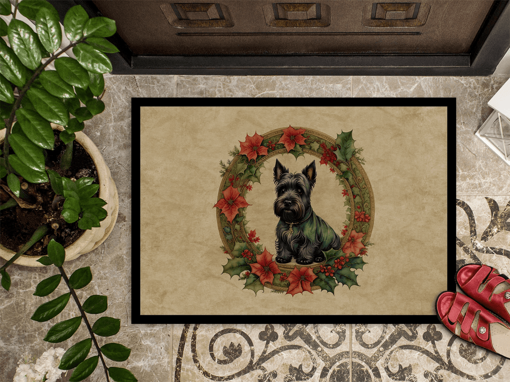 Glamorous Pups : Scottish Terrier Christmas Flowers Doormat