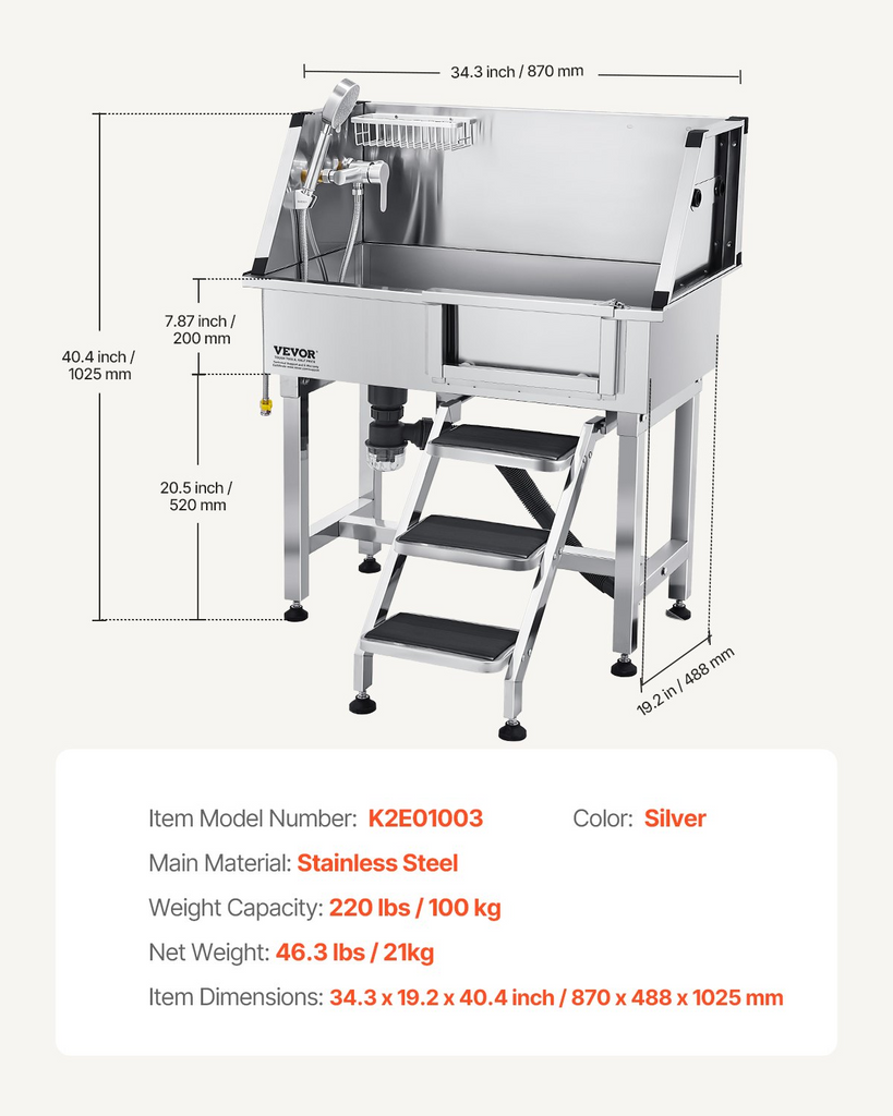 Glamorous Pups : VEVOR 34-Inch Stainless Steel Dog Washing Station with Hot & Cold Faucet, Showerhead & Non-Slip Stairs (Right Door)