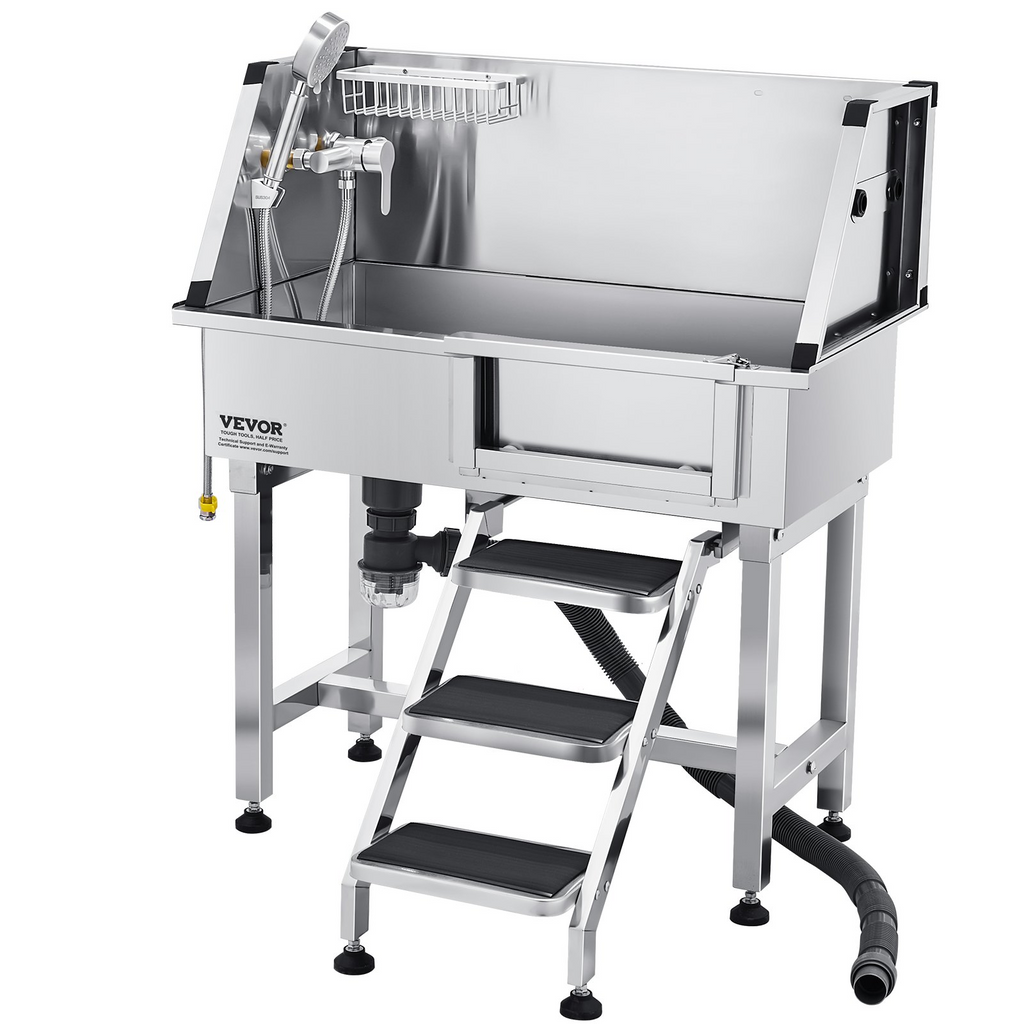 Glamorous Pups : VEVOR 34-Inch Stainless Steel Dog Washing Station with Hot & Cold Faucet, Showerhead & Non-Slip Stairs (Right Door)