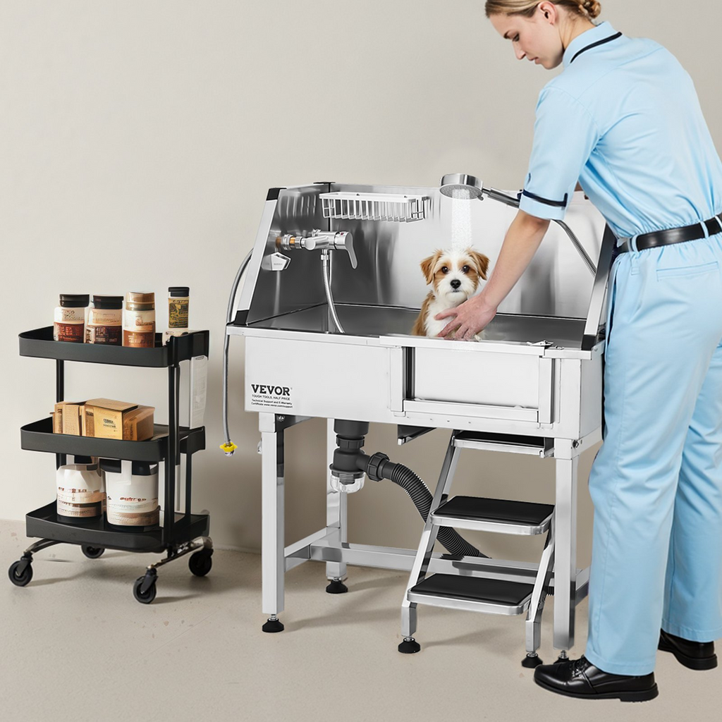 Glamorous Pups : VEVOR 34-Inch Stainless Steel Dog Washing Station with Hot & Cold Faucet, Showerhead & Non-Slip Stairs (Right Door)