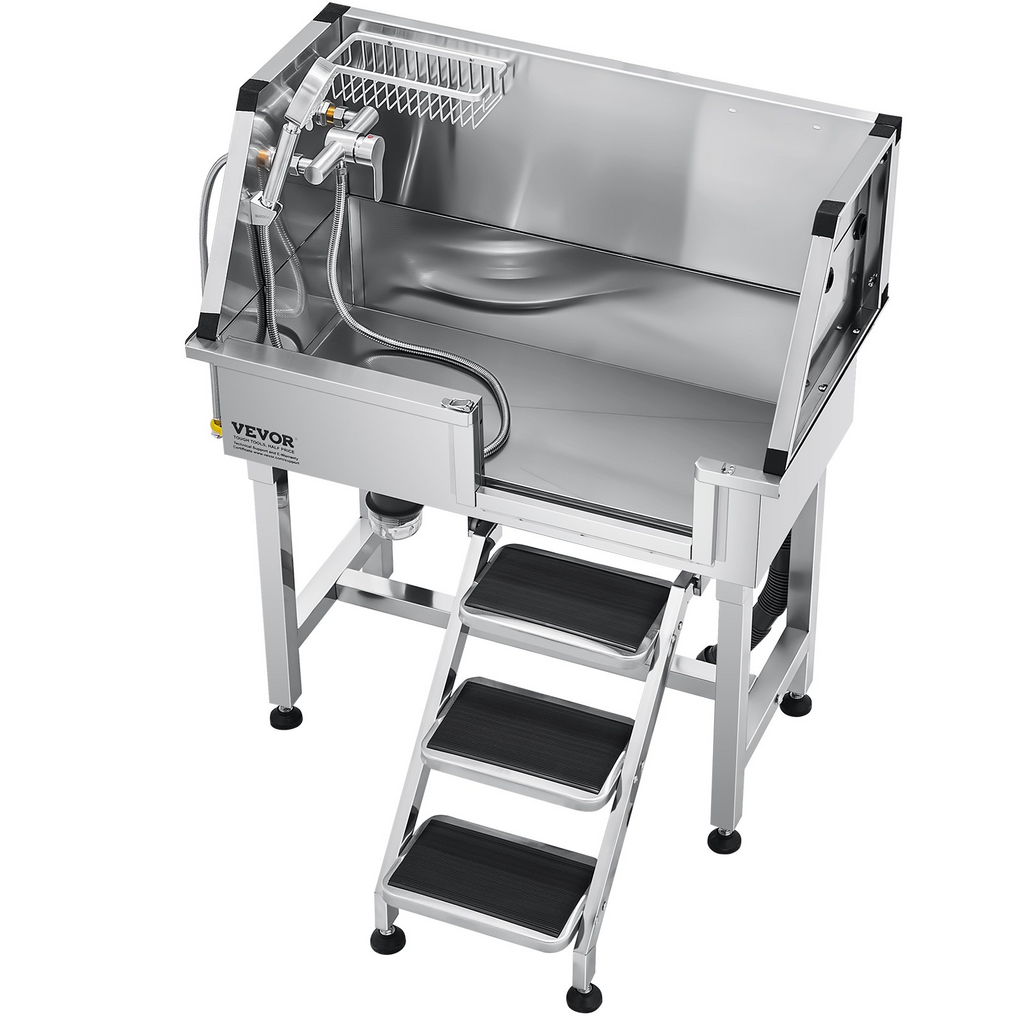 Glamorous Pups : VEVOR 34-Inch Stainless Steel Dog Washing Station with Hot & Cold Faucet, Showerhead & Non-Slip Stairs (Right Door)