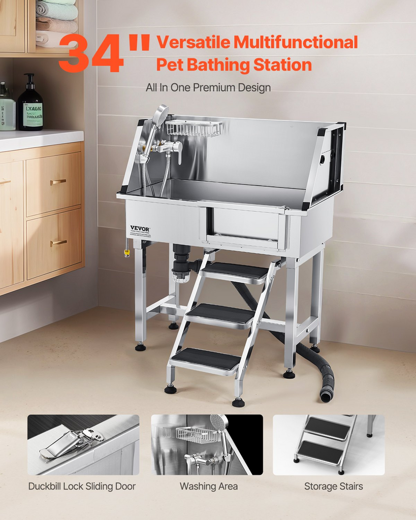 Glamorous Pups : VEVOR 34-Inch Stainless Steel Dog Washing Station with Hot & Cold Faucet, Showerhead & Non-Slip Stairs (Right Door)