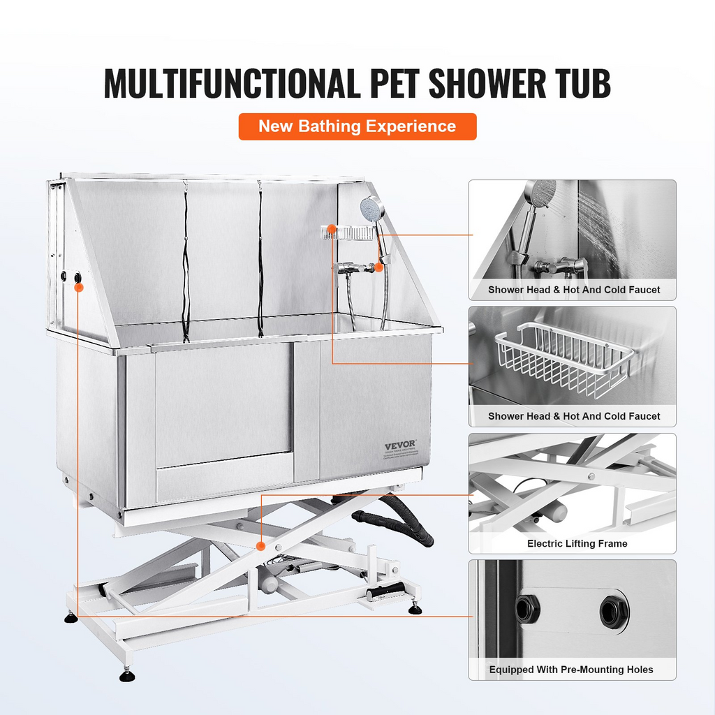 Glamorous Pups : VEVOR 50-Inch Electric Height-Adjustable Stainless Steel Dog Grooming Tub with Faucet, Soap Box & Full Accessories (Left Door)
