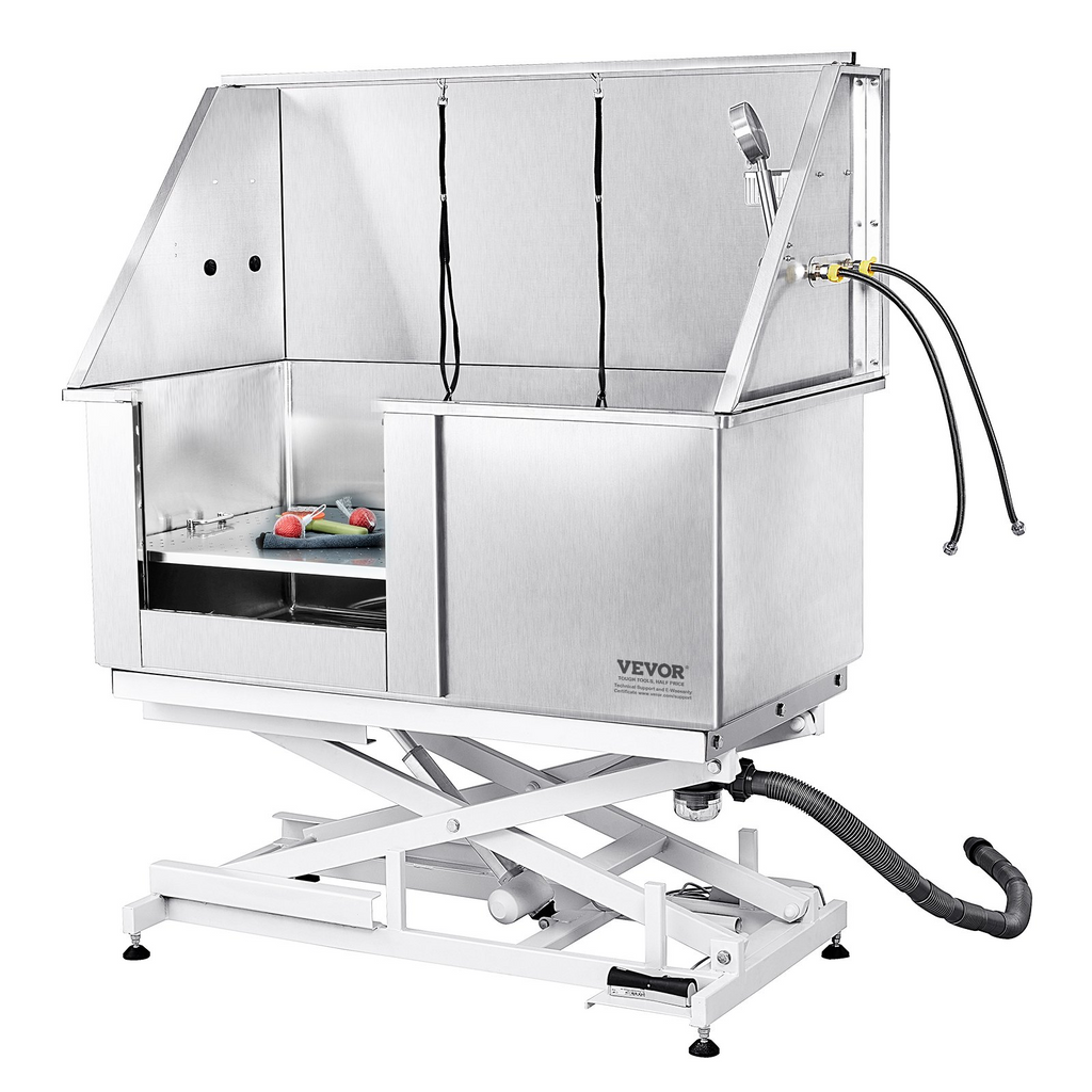Glamorous Pups : VEVOR 50-Inch Electric Height-Adjustable Stainless Steel Dog Grooming Tub with Faucet, Soap Box & Full Accessories (Left Door)