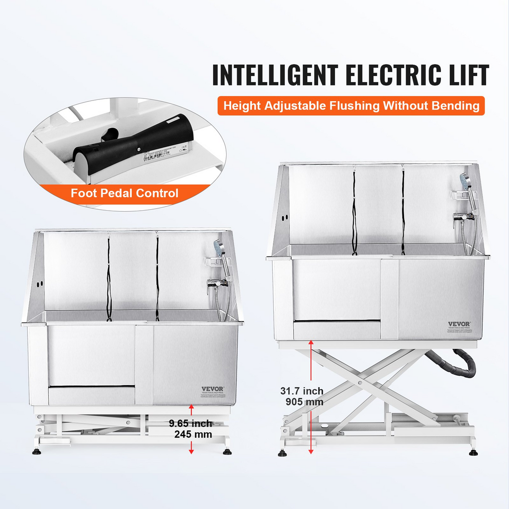 Glamorous Pups : VEVOR 50-Inch Electric Height-Adjustable Stainless Steel Dog Grooming Tub with Faucet, Soap Box & Full Accessories (Left Door)