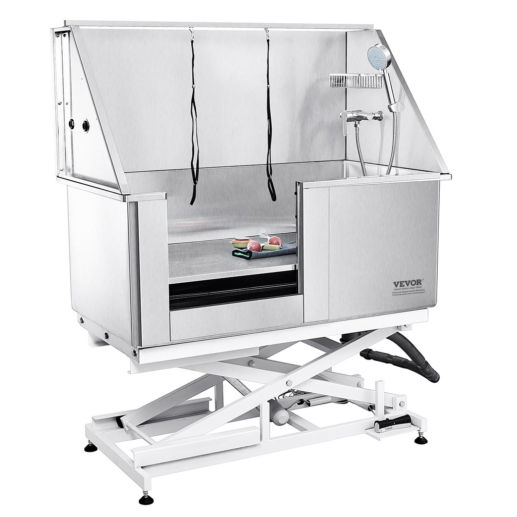 Glamorous Pups : VEVOR 50-Inch Electric Height-Adjustable Stainless Steel Dog Grooming Tub with Faucet, Soap Box & Full Accessories (Left Door)
