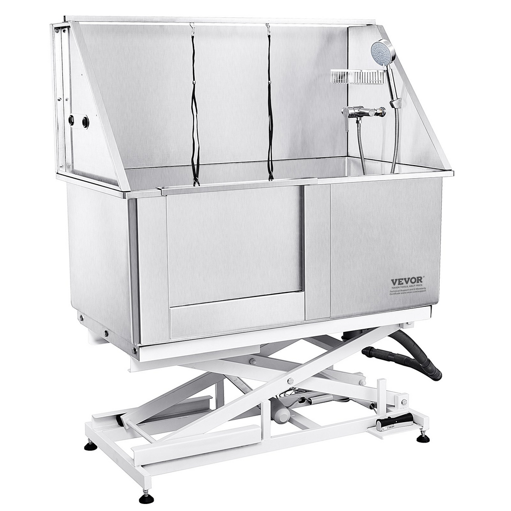 Glamorous Pups : VEVOR 50-Inch Electric Height-Adjustable Stainless Steel Dog Grooming Tub with Faucet, Soap Box & Full Accessories (Left Door)