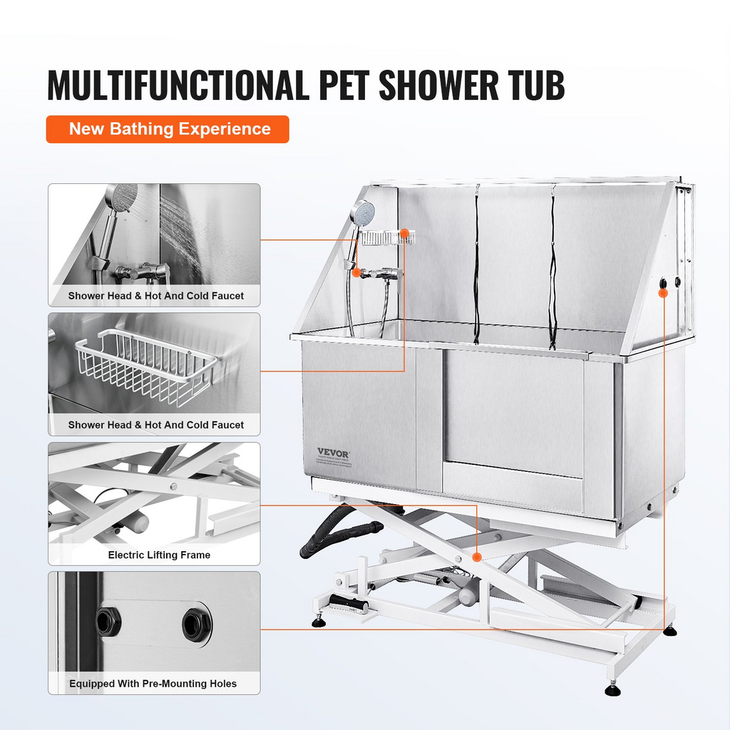 Glamorous Pups : VEVOR 50-Inch Electric Height-Adjustable Stainless Steel Dog Grooming Tub with Faucet, Soap Box & Rich Accessories (Right Door)