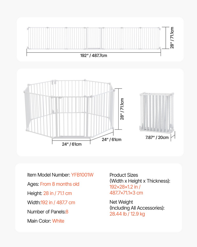 Glamorous Pups : VEVOR Baby Gate, 192 Inches Extra Wide, 28 Inches High, 8-Panel Foldable Dog & Child Safety Gate, One-Hand Open, Wall-Mount or Freestanding Fence, White