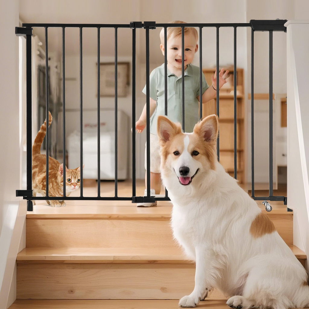 Glamorous Pups : VEVOR Baby Gate, 29.5–43 Inches Adjustable Width, 28 Inches High Dog & Child Safety Gate, No Threshold Bar, Easy Step Walk-Thru, One-Hand Open, Black