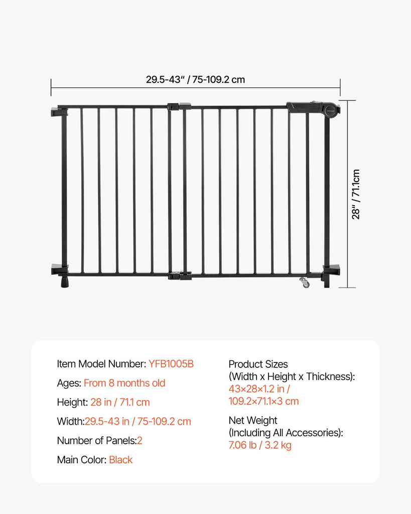 Glamorous Pups : VEVOR Baby Gate, 29.5–43 Inches Adjustable Width, 28 Inches High Dog & Child Safety Gate, No Threshold Bar, Easy Step Walk-Thru, One-Hand Open, Black