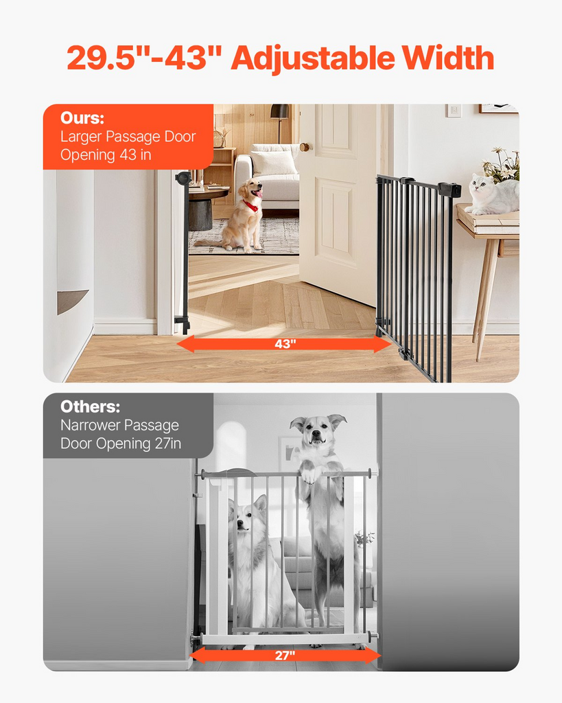 Glamorous Pups : VEVOR Baby Gate, 29.5–43 Inches Adjustable Width, 28 Inches High Dog & Child Safety Gate, No Threshold Bar, Easy Step Walk-Thru, One-Hand Open, Black