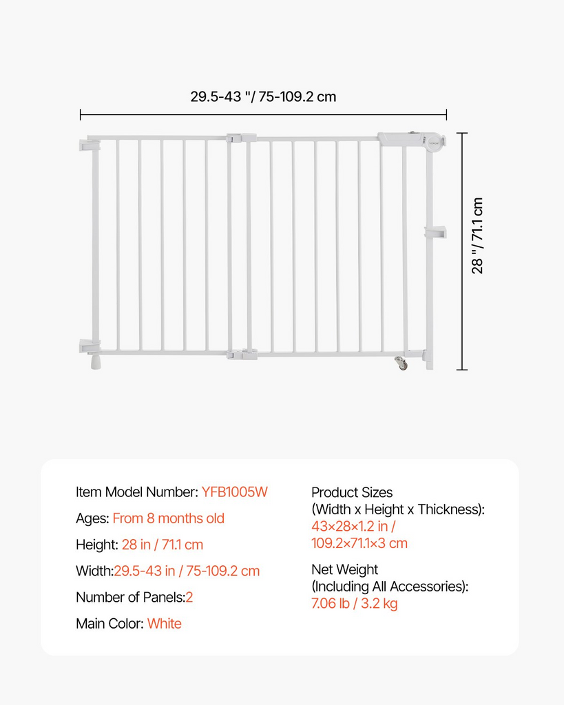 Glamorous Pups : VEVOR Baby Gate, 29.5–43 Inches Adjustable Width, 28 Inches High Dog & Child Safety Gate, No Threshold Bar, Easy Step Walk-Thru, One-Hand Open, White