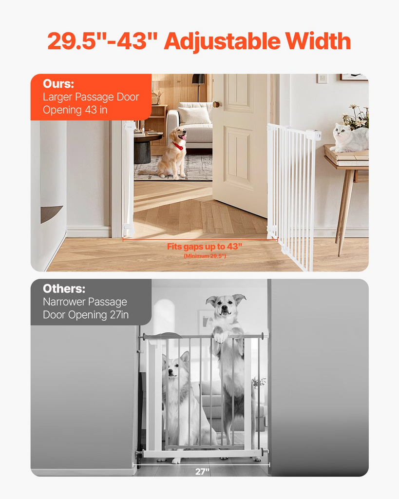Glamorous Pups : VEVOR Baby Gate, 29.5–43 Inches Adjustable Width, 28 Inches High Dog & Child Safety Gate, No Threshold Bar, Easy Step Walk-Thru, One-Hand Open, White
