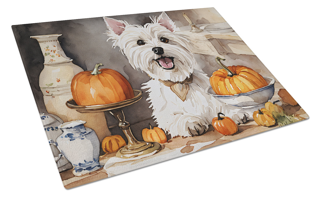 Glamorous Pups : Westie Fall Kitchen Pumpkins Glass Cutting Board