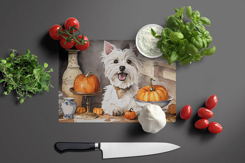 Glamorous Pups : Westie Fall Kitchen Pumpkins Glass Cutting Board