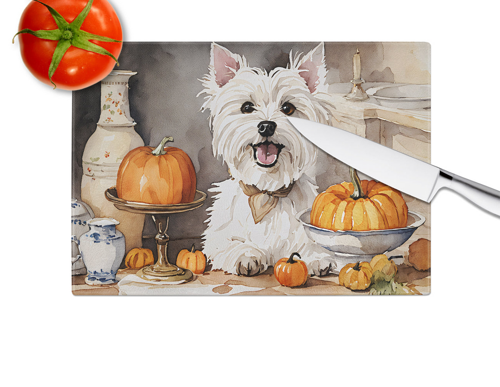 Glamorous Pups : Westie Fall Kitchen Pumpkins Glass Cutting Board