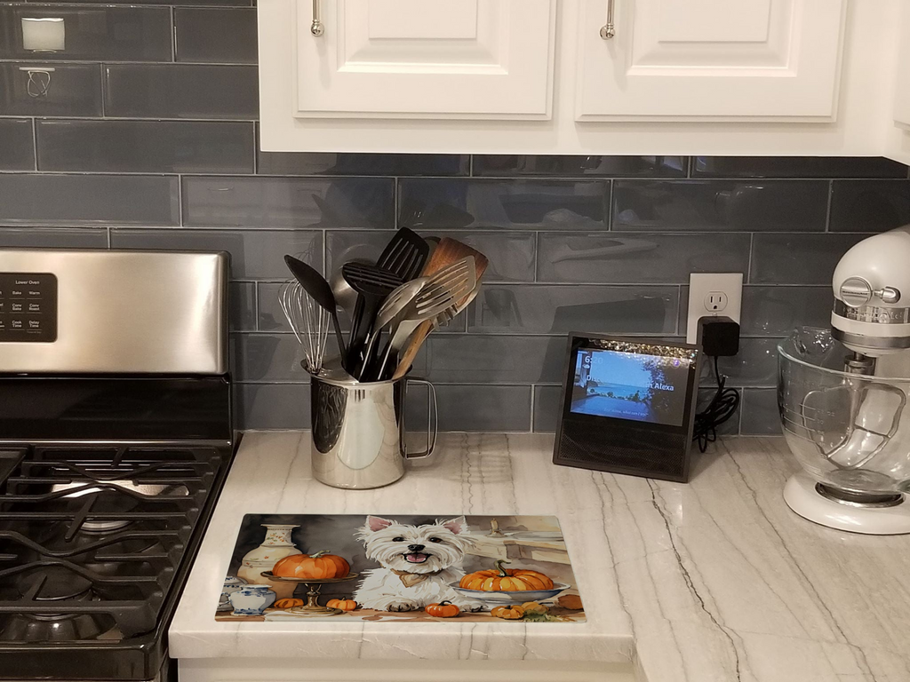 Glamorous Pups : Westie Fall Kitchen Pumpkins Glass Cutting Board