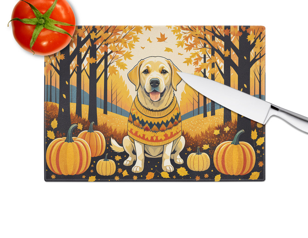 Glamorous Pups : Yellow Labrador Retriever Fall Glass Cutting Board