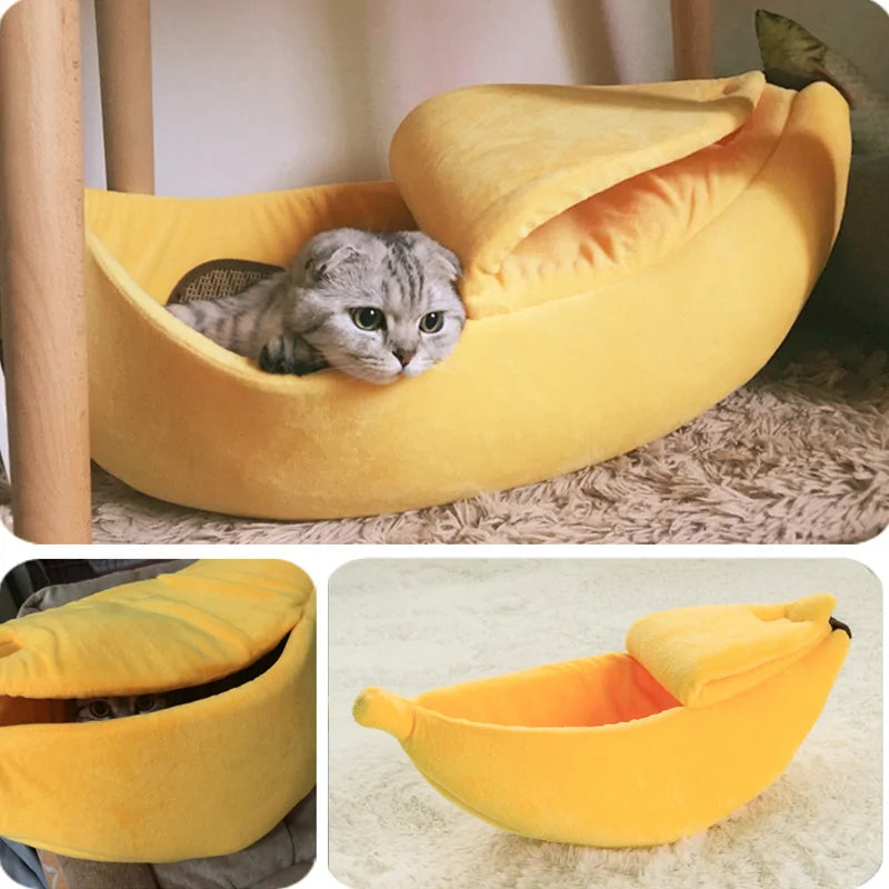 A cute grey kitten snuggles comfortably in a Banana Cat Bed, available from our vendor Zendrop and sold at Glamorous Pups. This whimsical and cozy cat bed adds a playful touch to your home decor while providing a secure and warm spot for your cat to rest.